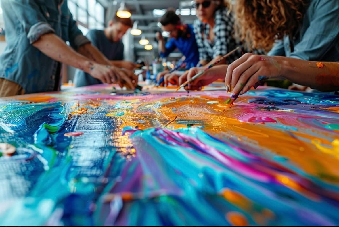 Fresque collective peinte par une équipe en atelier créatif