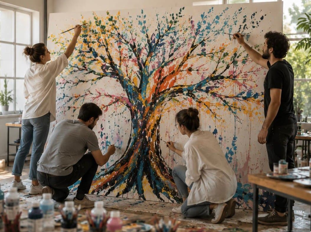 Équipe peignant ensemble un arbre coloré sur une grande toile
