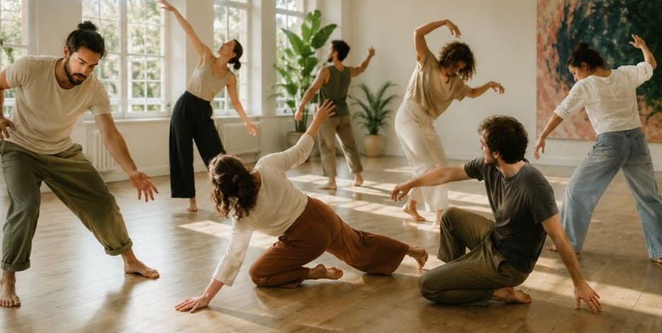 Groupe en mouvement libre lors d'un atelier de danse-thérapie en studio