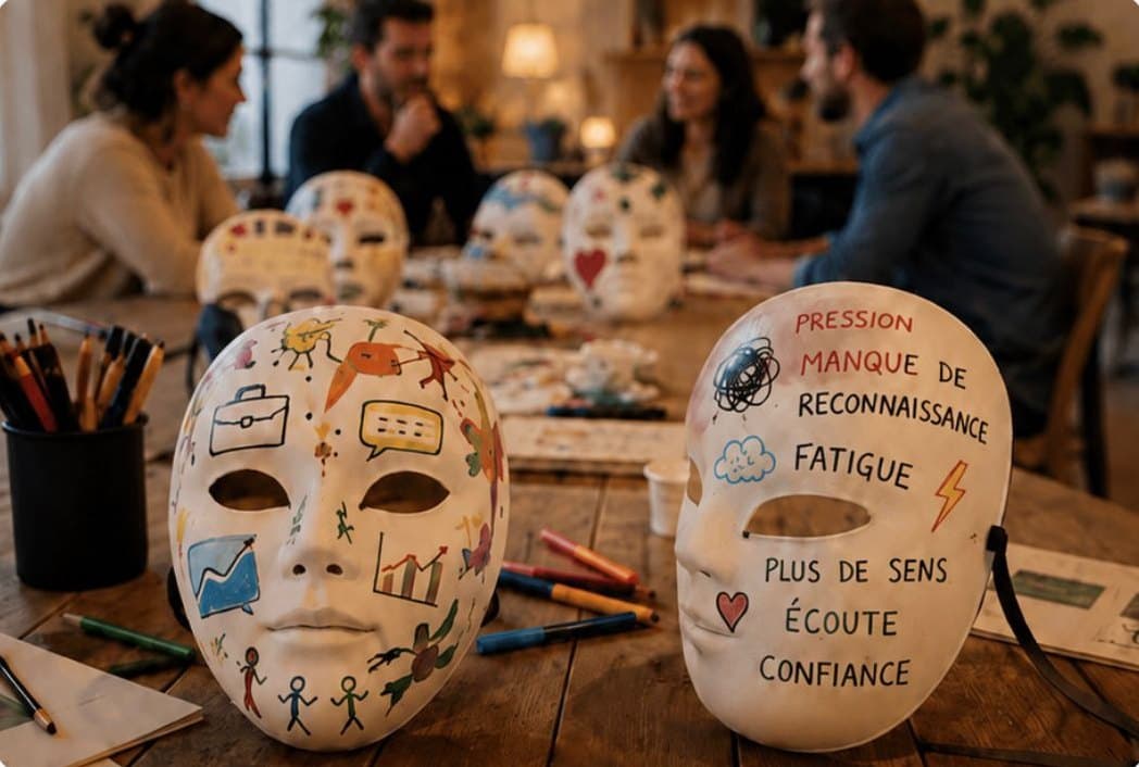 Masques peints par les participants lors d'un atelier de coaching créatif
